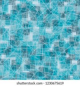 Seamless pattern. Checkered camouflage and large irregular contour squares. Ice shades.