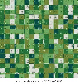 Seamless pattern. Checkered camouflage with a scattering of small rhombuses from above. Trendy colors.