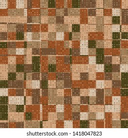 Seamless pattern. Checkered camouflage with a scattering of small circles on top. Desert colors.