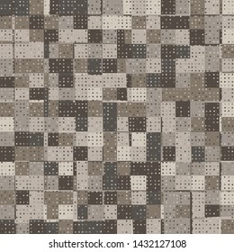 Seamless pattern. Checkered camouflage with a scattering of small circles on top. Desert colors.