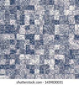 Seamless pattern. Checkered camouflage with a scattering of small squares on top. Winter colors.