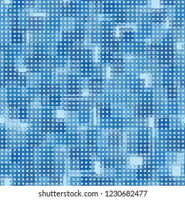 Seamless pattern. Checkered camouflage and small squares lined up in rows. Ice shades.