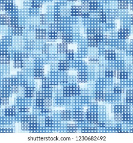 Seamless pattern. Checkered camouflage and small squares lined up in rows. Ice shades.