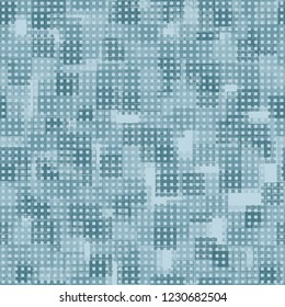 Seamless pattern. Checkered camouflage and small squares lined up in rows. Ice shades.