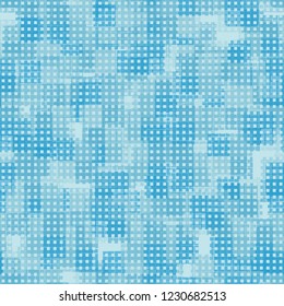 Seamless pattern. Checkered camouflage and small squares lined up in rows. Ice shades.