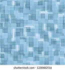 Seamless pattern. Checkered camouflage and small squares lined up in rows. Ice shades.
