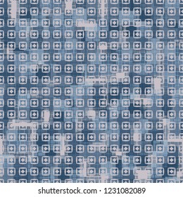Seamless pattern. Checkered camouflage with squares and rhombuses located on top. Ice shades.
