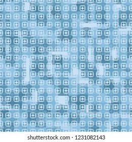 Seamless pattern. Checkered camouflage with squares and rhombuses located on top. Ice shades.