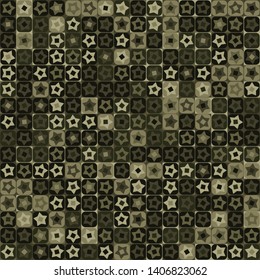Seamless pattern. Checkered camouflage of unusual structure with five-pointed stars. Jungle colors. Green shades.