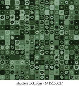 Seamless pattern. Checkered camouflage of unusual structure with seven-pointed stars. Jungle colors. Green shades.
