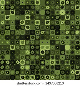 Seamless pattern. Checkered camouflage of unusual structure with seven-pointed stars. Jungle colors. Green shades.