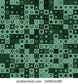 Seamless pattern. Checkered camouflage of unusual structure with five-pointed stars. Jungle colors. Green shades.