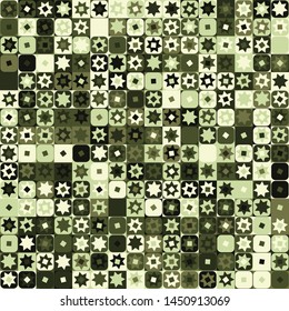 Seamless pattern. Checkered camouflage of unusual structure with seven-pointed stars. Jungle colors. Green shades.