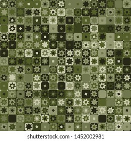Seamless pattern. Checkered camouflage of unusual structure with seven-pointed stars. Jungle colors. Green shades.