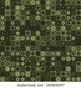 Seamless pattern. Checkered camouflage of unusual structure with five-pointed stars. Jungle colors. Green shades.