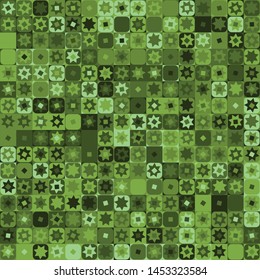 Seamless pattern. Checkered camouflage of unusual structure with seven-pointed stars. Jungle colors. Green shades.