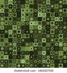 Seamless pattern. Checkered camouflage of unusual structure with seven-pointed stars. Jungle colors. Green shades.