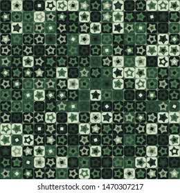 Seamless pattern. Checkered camouflage of unusual structure with five-pointed stars. Jungle colors. Green shades.