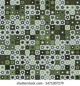Seamless pattern. Checkered camouflage of unusual structure with five-pointed stars. Jungle colors. Green shades.