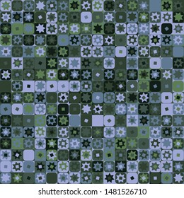 Seamless pattern. Checkered camouflage of unusual structure with seven-pointed stars. Jungle colors. Green shades.