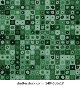 Seamless pattern. Checkered camouflage of unusual structure with seven-pointed stars. Jungle colors. Green shades.