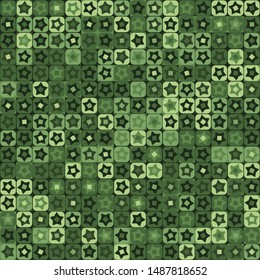 Seamless pattern. Checkered camouflage of unusual structure with five-pointed stars. Jungle colors. Green shades.