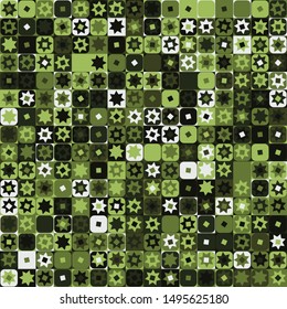 Seamless pattern. Checkered camouflage of unusual structure with seven-pointed stars. Jungle colors. Green shades.