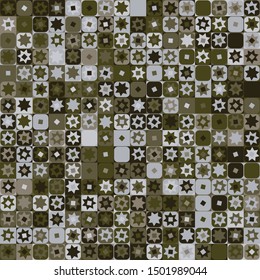 Seamless pattern. Checkered camouflage of unusual structure with seven-pointed stars. Jungle colors. Green shades.