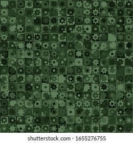Seamless pattern. Checkered camouflage of unusual structure with seven-pointed stars. Jungle colors. Green shades.