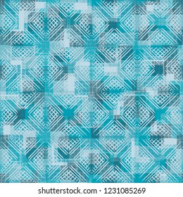 Seamless pattern. Checkered camouflage with waffle texture. Ice shades.
