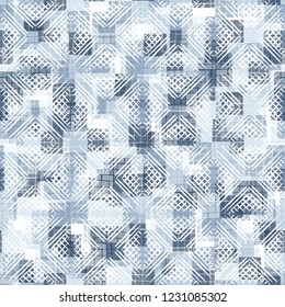 Seamless pattern. Checkered camouflage with waffle texture. Ice shades.
