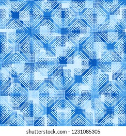 Seamless pattern. Checkered camouflage with waffle texture. Ice shades.
