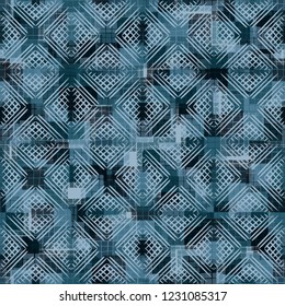Seamless pattern. Checkered camouflage with waffle texture. Ice shades.
