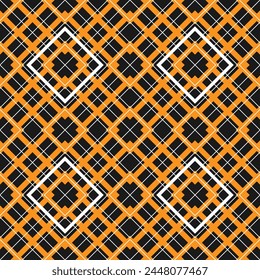 Seamless pattern with checkered diagonal design. Black, white and orange color palette. Vector illustration