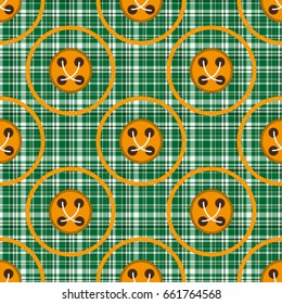 Seamless pattern checkered green fabric with orange circles and buttons