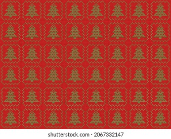 Seamless pattern with checkered knitting tracery Christmas tree ugly sweater