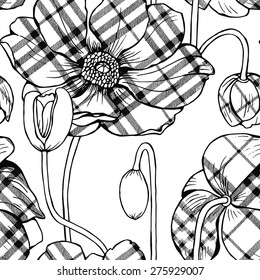 Seamless pattern with checkered poppy flower. Vector black and white illustration.
