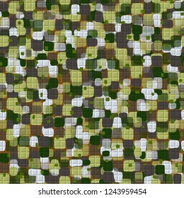 Seamless pattern with checkered pseudo-relief. Spring theme. Camouflage principle.