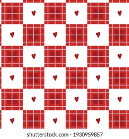 Seamless pattern checkered pattern and red hearts