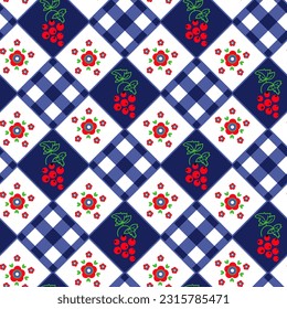 Seamless pattern with checkered rhombus decorated by flowers, berries. Cute pattern for bed linen, fabrics, napkins, towels, kitchen textiles. Retro style pattern in blue and white colors