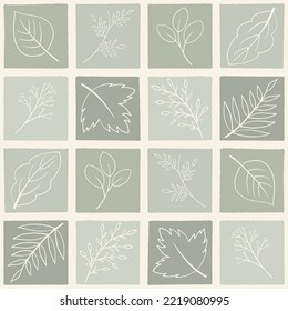 Seamless pattern of checkered squares and leaves in shades of green.
