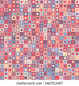 Seamless pattern. Checkered texture with abstract shapes and circles. Chaotic painted picture. Nice colors.