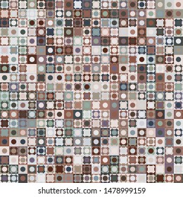 Seamless pattern. Checkered texture with abstract shapes and circles. Chaotic painted picture. Nice colors.