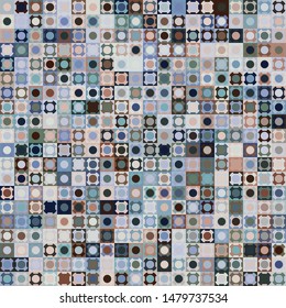 Seamless pattern. Checkered texture with abstract shapes and circles. Chaotic painted picture. Nice colors.