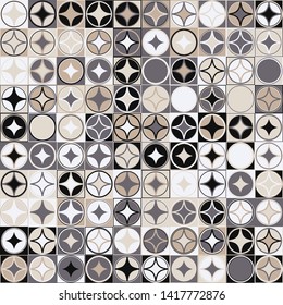 Seamless pattern. Checkered texture with rows of circles and four-pointed stars. Chaotic coloring.