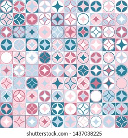 Seamless pattern. Checkered texture with rows of circles and four-pointed stars. Chaotic coloring.