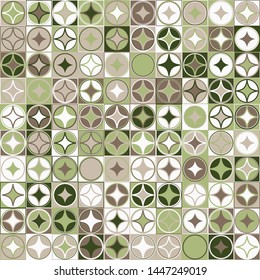 Seamless pattern. Checkered texture with rows of circles and four-pointed stars. Chaotic coloring.