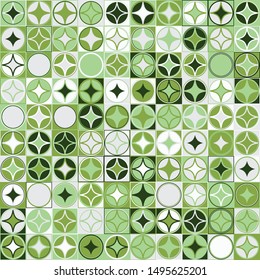 Seamless pattern. Checkered texture with rows of circles and four-pointed stars. Chaotic coloring.