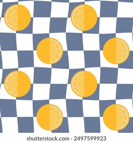 Seamless pattern with checkers and lemons. Retro Groovy Background.60's style. Design for packaging, background, wallpaper, t-shirt