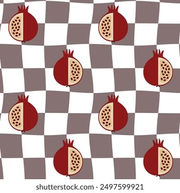 Seamless pattern with checkers and pomegranates. Retro Groovy Background.60's style. Design for packaging, background, wallpaper, t-shirt